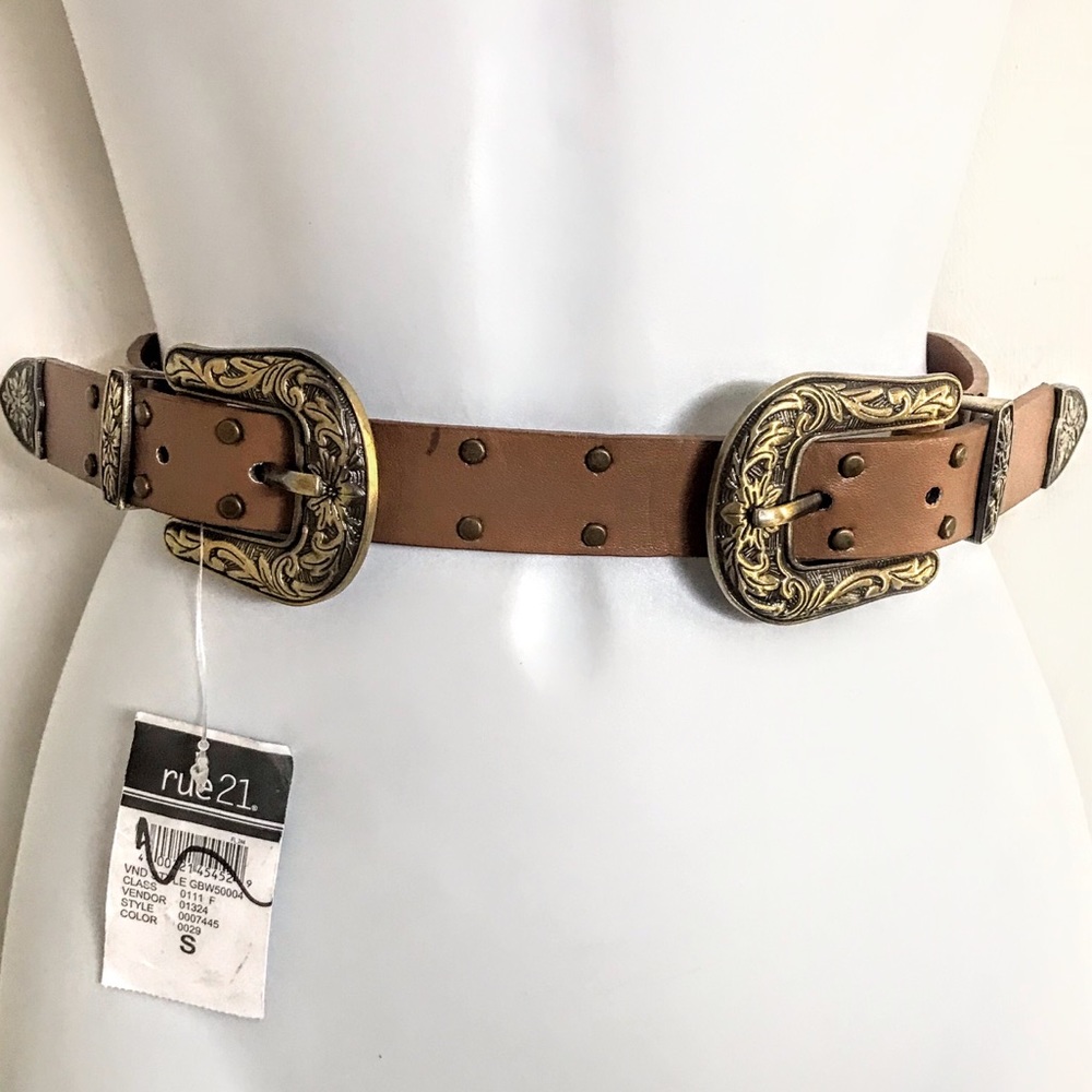 NWT Belt Double Grommet Buckle Light Brown or Tan Etched Metal Hardware …